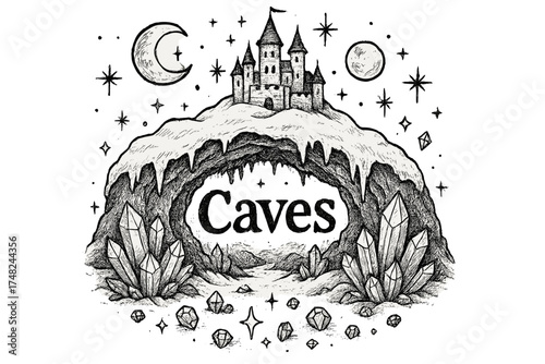 Snowy Crystal Caves. Hand-drawn snowy crystal caves under castle with moons, sparkles, and gems, center word “Caves” in black and