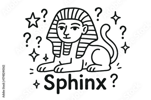 Sparkling Sphinx Doodle. Doodle sphinx with stars, riddles, and sparkles, center word “Sphinx” in black and white isolated