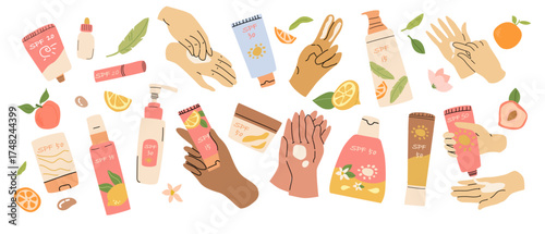 Set of sunscreen products with fruity design. Vector illustration of SPF sunblock tubes, sprays, and cream jars decorated with lemon, orange, peach fruits. Summer skincare packaging concept