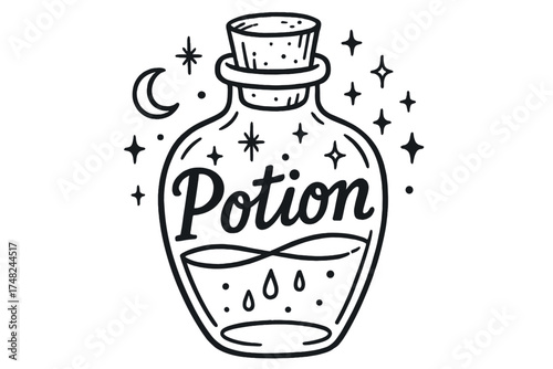 Magical Potion Art. Hand-drawn potion vial with moons, sparkles, and drops, center word “Potion” in black and white isolated