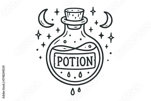 Magical Potion Art. Hand-drawn potion vial with moons, sparkles, and drops, center word “Potion” in black and white isolated