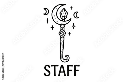 Mystical Staff Design. Hand-drawn mystical staff with moons, gems, and sparkles, center word “Staff” in black and white isolated