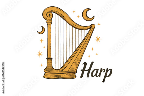 Golden Harp Illustration. Hand-drawn golden harp with moons, strings, and sparkles, center word “Harp” in black and white isolated
