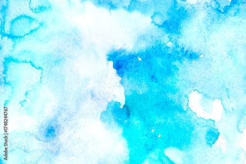 Real Hand Drawn Watercolor Blue Wet Spots Background