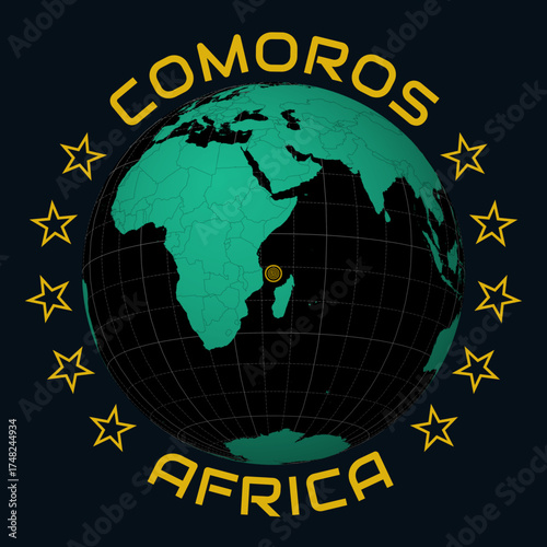 Comoros on Globe. Round country and continent name text. Country view on world map in Black Emerald color palette. Comoros shape on map. Awesome vector illustration.