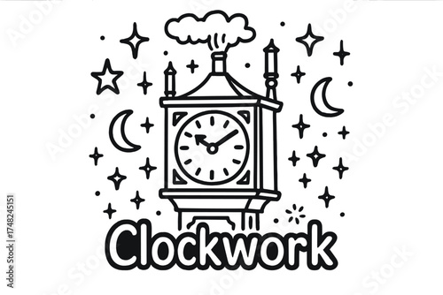 Clockwork Steam Clock. Doodle giant steam clock with stars, moons, and sparkles, center word “Clockwork” in black and white