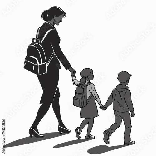 A mother and children walking together illustrated A family going on an outing.