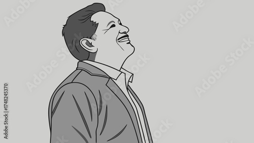 A person looking up with a joyful expression with suit black and white illustration.