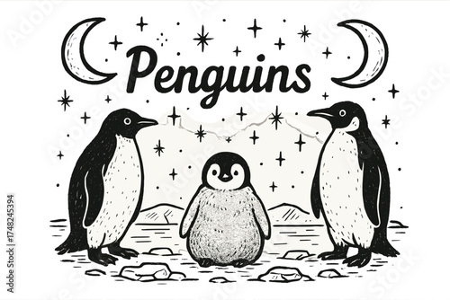 Penguins with Moons. Hand-drawn penguins with moons, ice, and sparkles, center word “Penguins” in black and white isolated