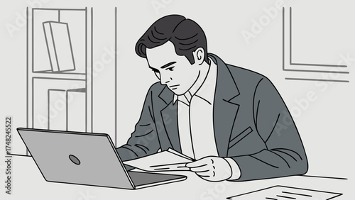 A person working at a desk using a laptop and documents in an office environment modern style.