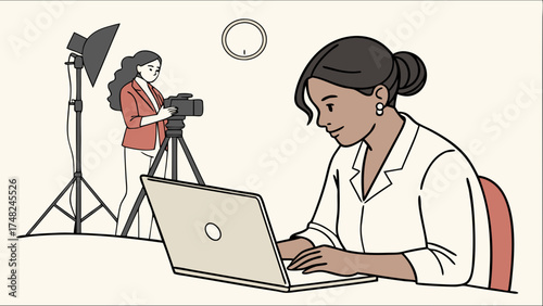 A person working on a laptop with another person filming a video in a studio setting.