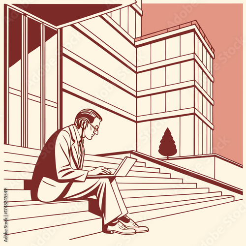 A person working on a laptop outdoors on a staircase near a modern building illustration.