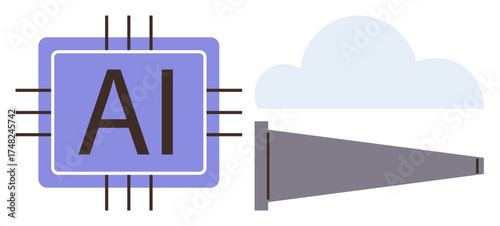 AI chip with connected circuits beside a telescope aimed at a cloud, symbolizing technological progress, data processing, and futuristic vision. Ideal for innovation, AI, focus, exploration