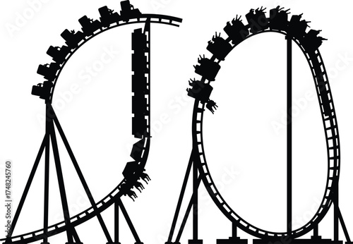 Roller coaster silhouette loops, amusement ride vector set, black and white thrill icons, minimal design, entertainment structure, carnival attraction, motion excitement graphic