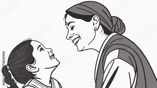 Affectionate interaction between two smiling individuals line art style.