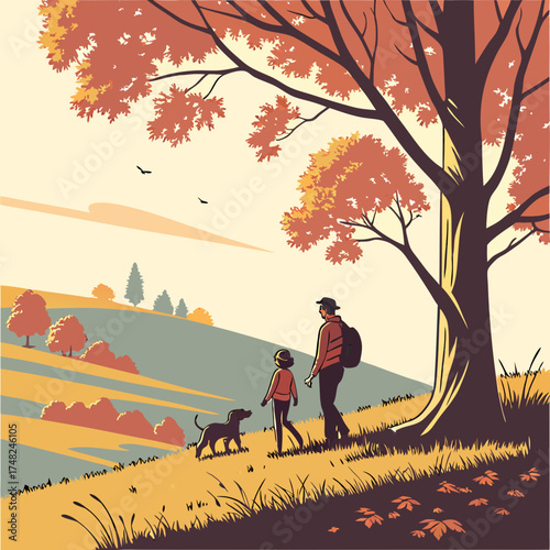 Autumn Hike With Family and Pet Dog.