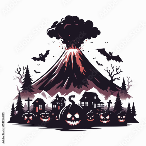 Illustration of a scary erupting volcano