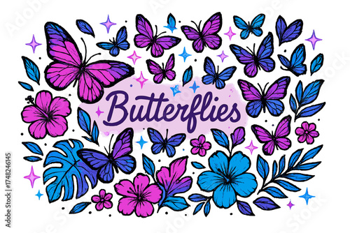 Neon Butterfly Swarm. Hand-drawn butterfly swarm with neon pink, purple, and blue wings among tropical flowers, sparkles glowing,