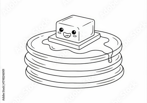 Cute smiling pancake stack with butter and syrup, fun cartoon art for kids coloring book