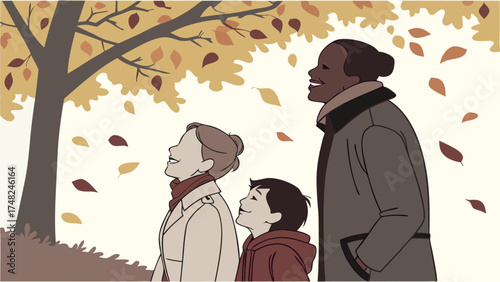 Autumnal Family Silhouette Under a Tree Leaves Falling.