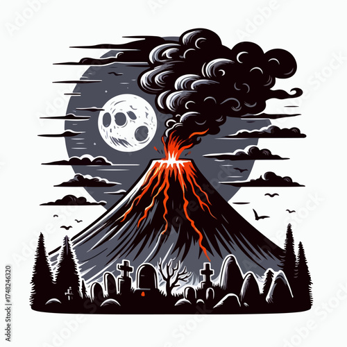 Illustration of a scary erupting volcano