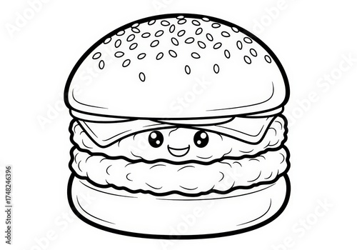 Cute cartoon hamburger character with smiling face and sesame seed bun for fun illustrations
