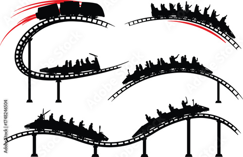 Roller coaster silhouette, amusement ride, thrill motion, passengers on track, curved rail, high speed, theme park excitement, adrenaline vector, black graphic, dynamic illustration