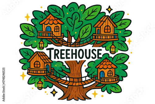 Treehouse Village Wonderland. Colorful doodle treehouse village with emerald leaves, wooden bridges, golden lanterns, sparkles,
