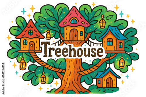 Treehouse Village Wonderland. Colorful doodle treehouse village with emerald leaves, wooden bridges, golden lanterns, sparkles,