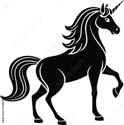 Vector art of black silhouette of a majestic unicorn with a flowing mane and tail