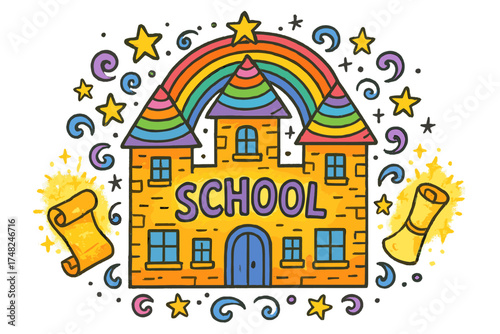 Enchanted School Doodle. Colorful doodle enchanted school with rainbow roofs, glowing scrolls, stars, center word “School”,