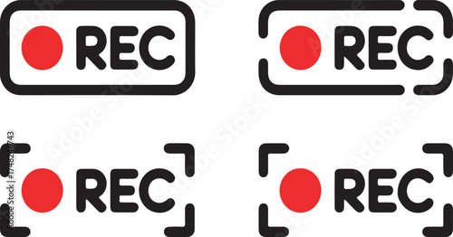 Four recording icons with red circle and rec text rec symbol video recording