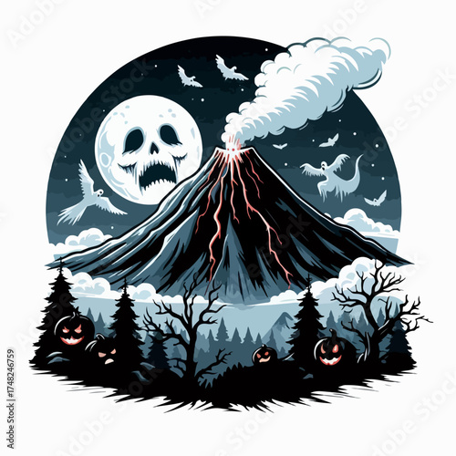 Illustration of a scary erupting volcano emitting skull smoke