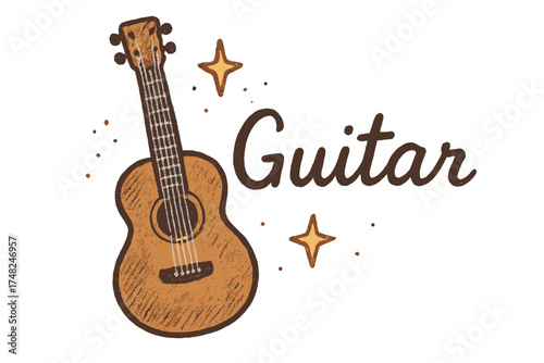 Guitar Under Stars. Hand-drawn acoustic guitar in warm brown with silver strings, glowing stars, center word “Guitar”, isolated
