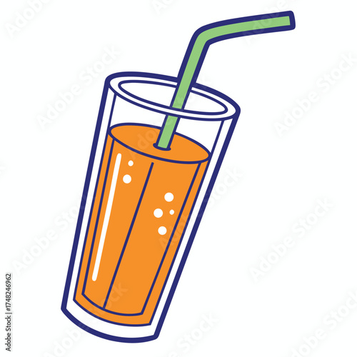 Vector art of a tall glass of orange juice with a green straw