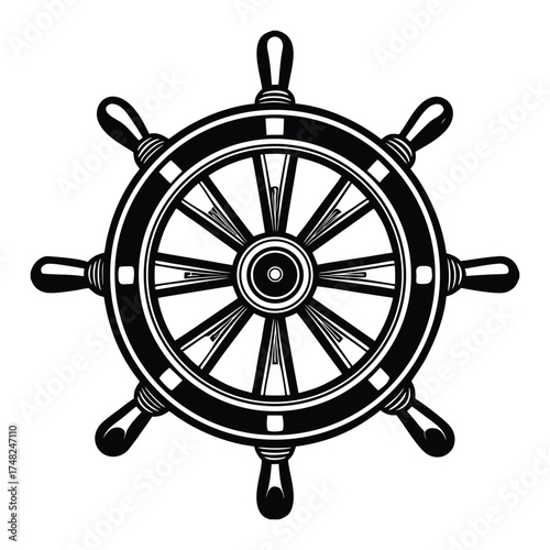 Classic Nautical Ship Wheel Silhouette Illustration in Black and White on White Background
