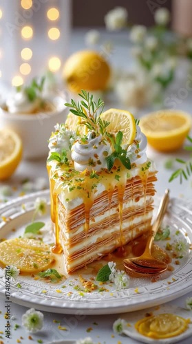 Delicious layered lemon cake topped with cream and citrus zest.