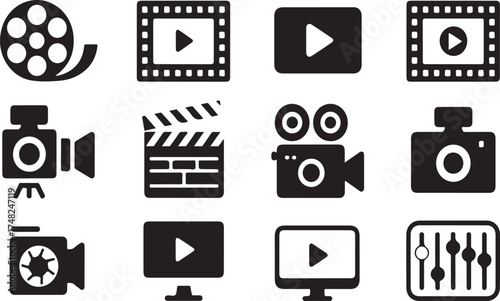 Collection of black silhouette icons representing filmmaking and video production equipment and symbols
