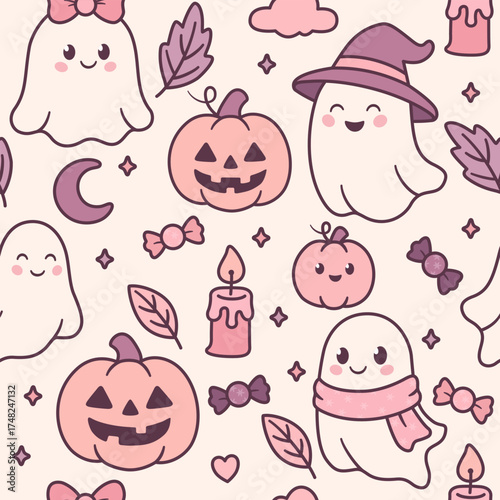Cute seamless Halloween pattern with ghosts pumpkins candies and autumn elements