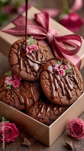Delicious chocolate cookies garnished with flowers in a gift box.