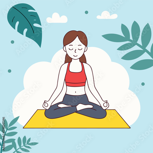 Young woman meditating peacefully in a lotus pose on a yoga mat surrounded by lush green leaves and a serene blue sky with clouds
