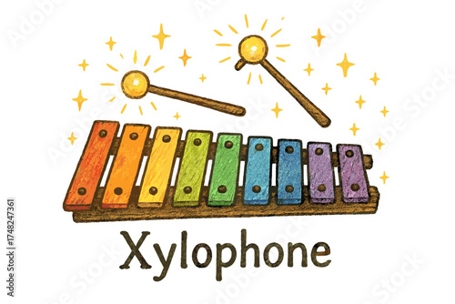 Rainbow Xylophone Magic. Hand-drawn xylophone in rainbow colors with glowing mallets, sparkles around, center word “Xylophone”,