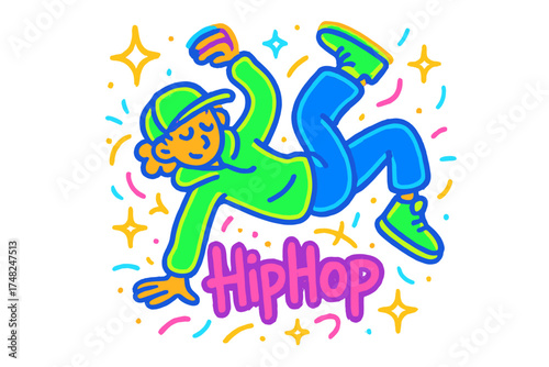 Neon Hip Hop Dancer. Colorful doodle hip hop dancer in neon green and blue clothes, glowing graffiti sparkles, center word “HipHop