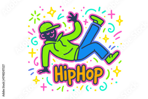 Neon Hip Hop Dancer. Colorful doodle hip hop dancer in neon green and blue clothes, glowing graffiti sparkles, center word “HipHop