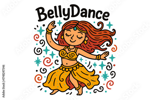 Dazzling Belly Dance. Colorful doodle belly dancer in golden costume with turquoise sparkles, center word “BellyDance”, isolated