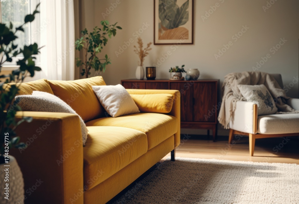 Fototapeta premium Cozy living room with mustard yellow sofa and mid-century accents