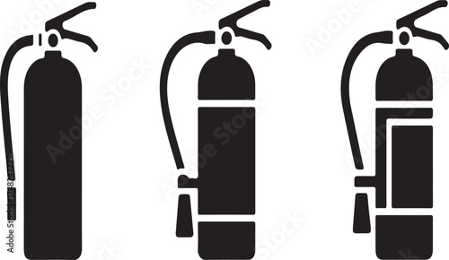 Three black silhouette icons of fire extinguishers safety emergency