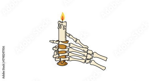 Skeleton hand holding a candle with burning flame.