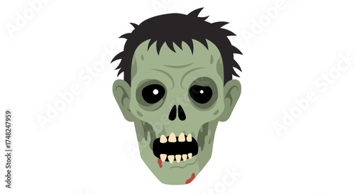 Cartoon zombie head with green skin, black hair, and blood dripping from the mouth.