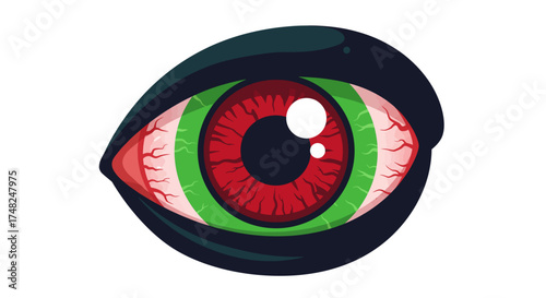 Cartoon eye with red iris, green sclera, and blood vessels.